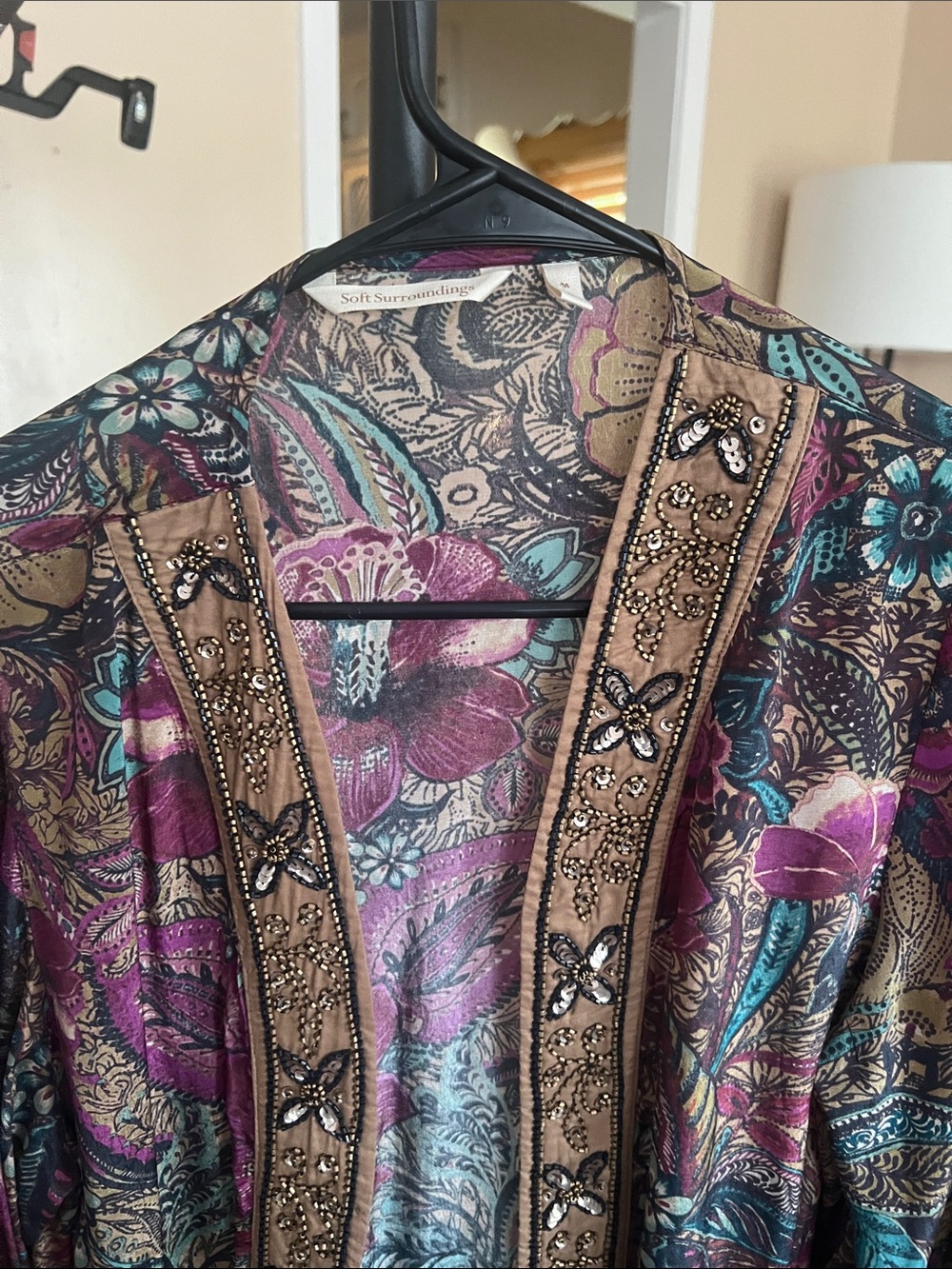 Soft Surroundings Beaded Floral Kimono Robe in Purple and Teal